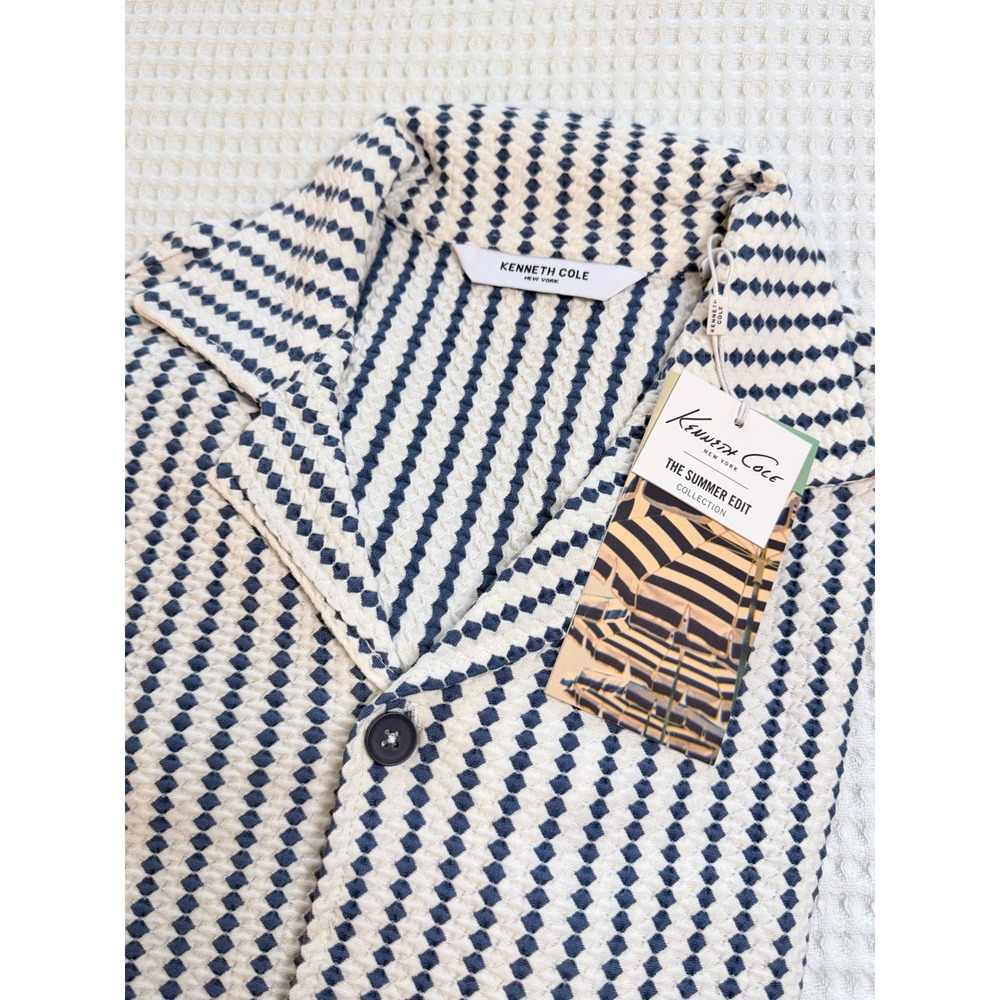 Kenneth Cole Shirt Mens S Blue White Diamond Knit Camp Collar Summer Edit NWT